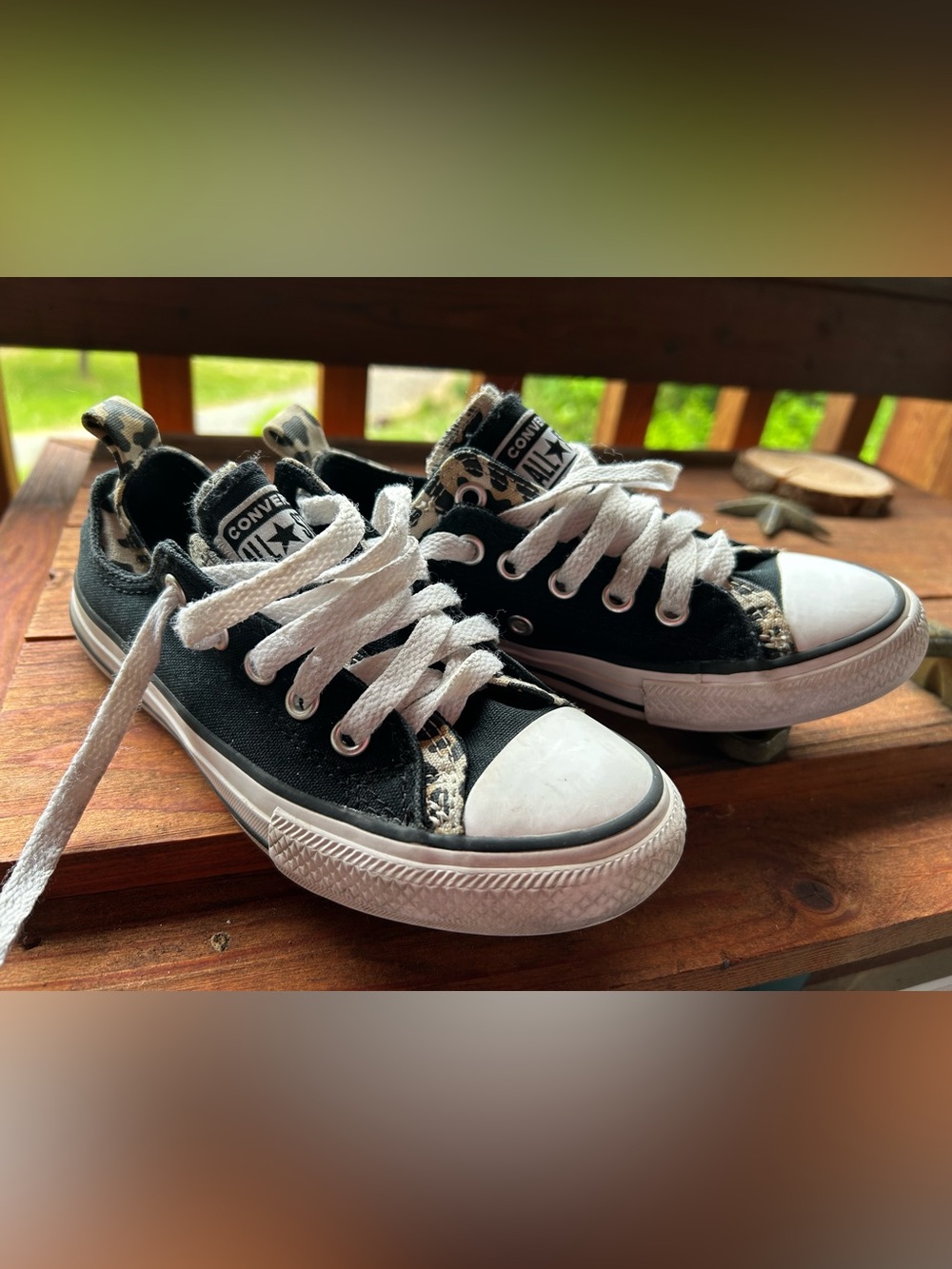 Converse All Star Low Top Black Canvas Sneakers Size 13 Black & Leopard print